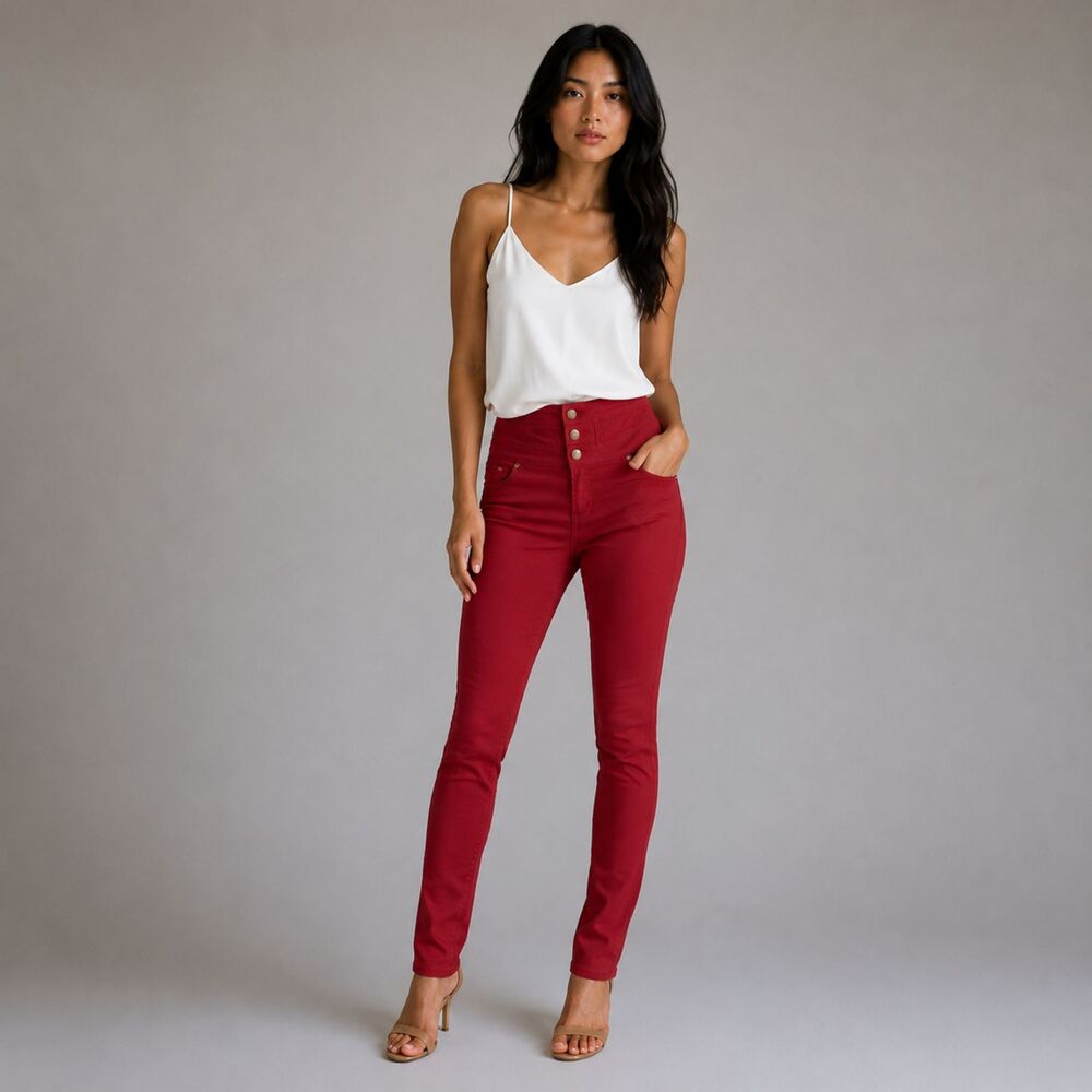 Hi-Waist Rise Stretch Skinny Pants jeans Triple Button W/ 6 Red NWT